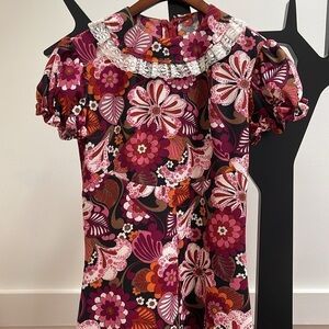 Vintage 60s Flower Power Maxi Dress Puff Sleeve Empire Waist Lace Multicolour S